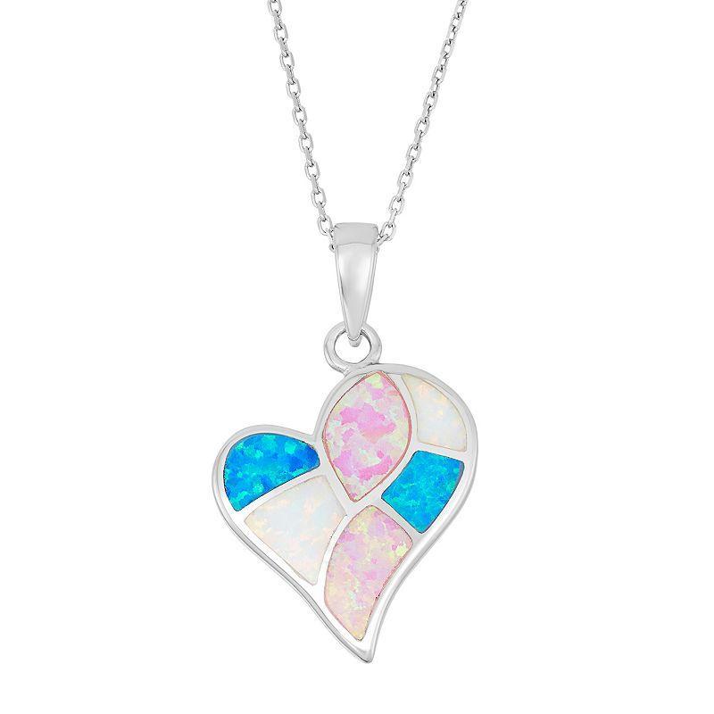 Sterling Silver Lab-Created Opal Heart Pendant Necklace, Womens Multicolor Product Image