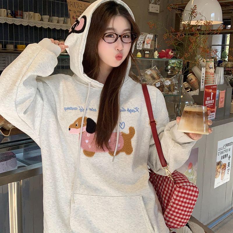 Dog Applique Drawstring Fleece-Lined Hoodie Product Image