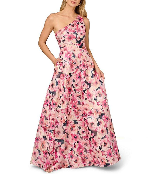 Aidan Mattox Floral Printed Jacquard One Shoulder Sleeveless Side Pocket Gown Product Image