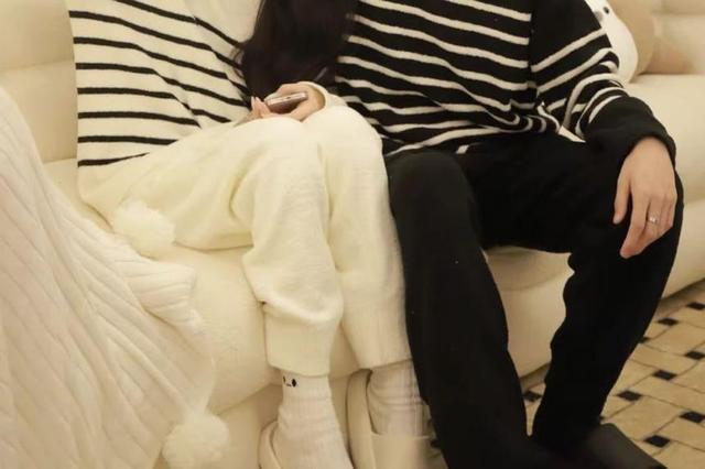 Couple Matching Pajama Set: Round Neck Striped Sweater + Plain Pants Product Image