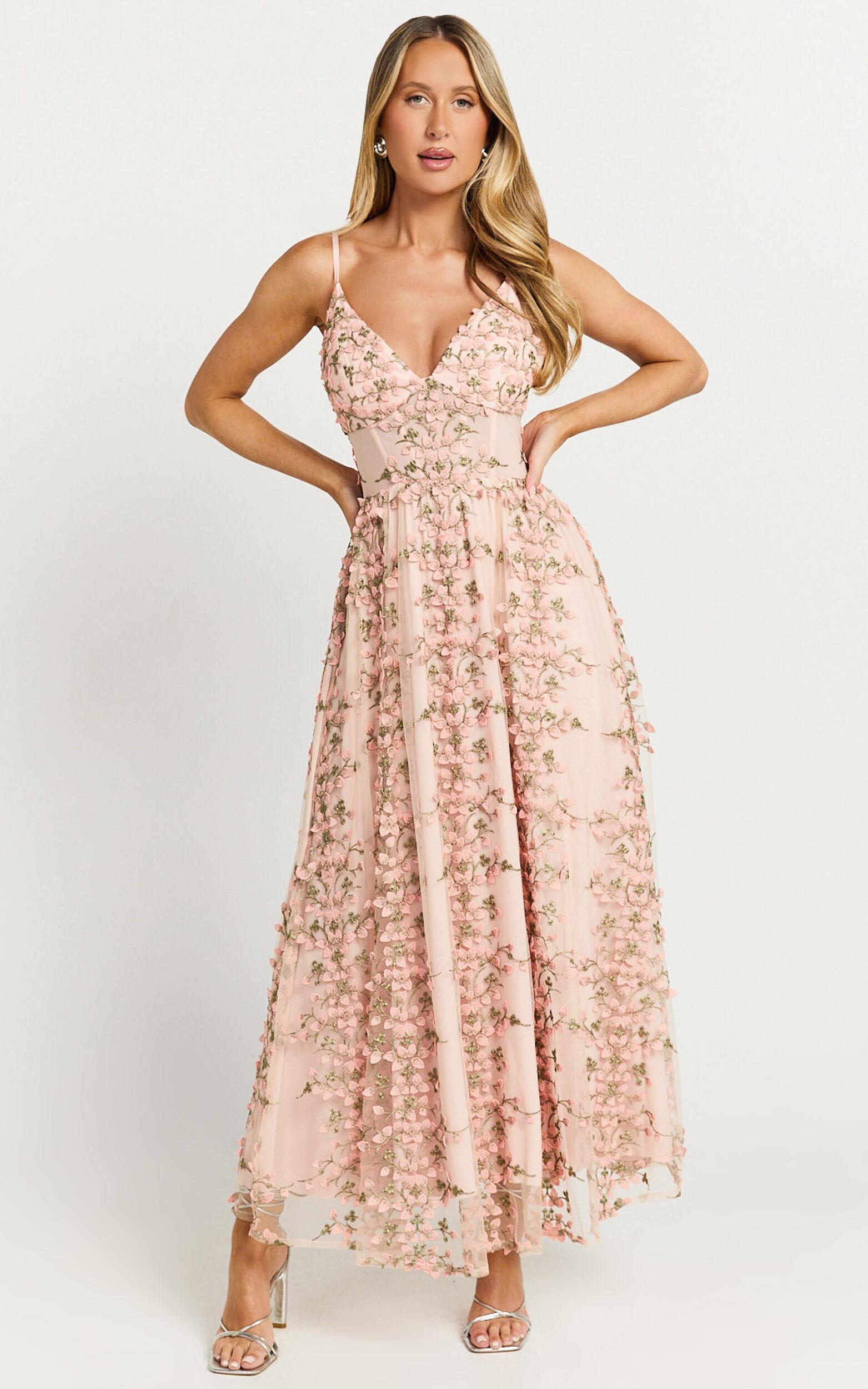 Amalie The Label - Lou V Neck Embroidered Tulle Maxi Dress in Blush Product Image