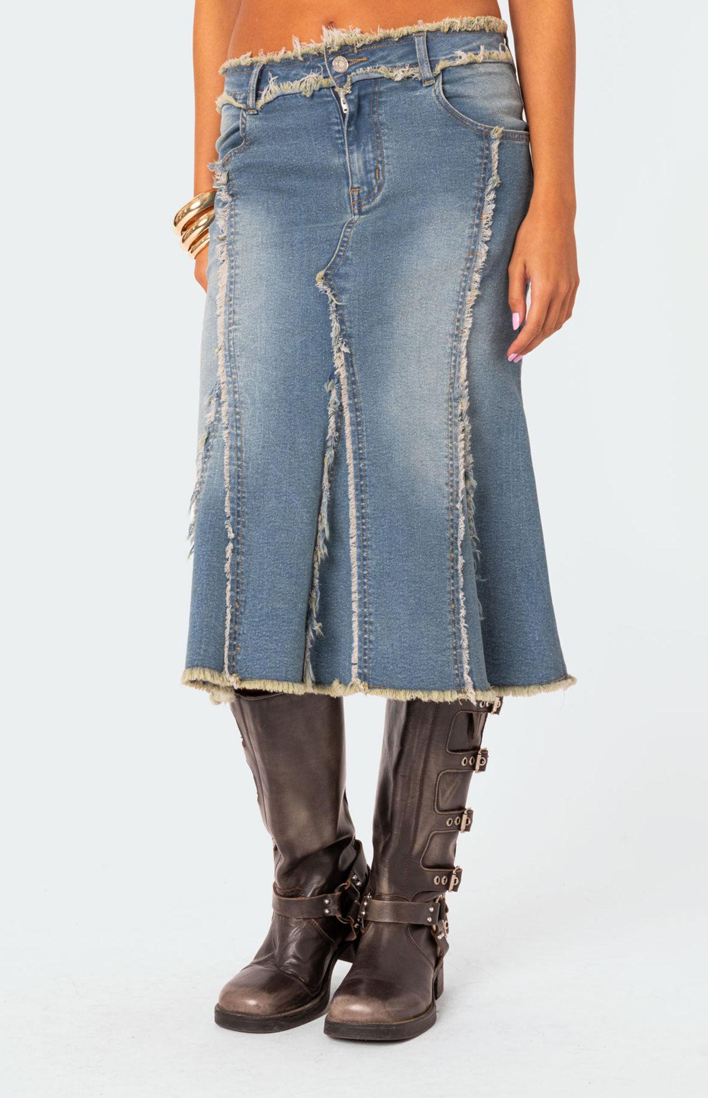 Edikted Women's Arabella Distressed Denim Midi Skirt product image