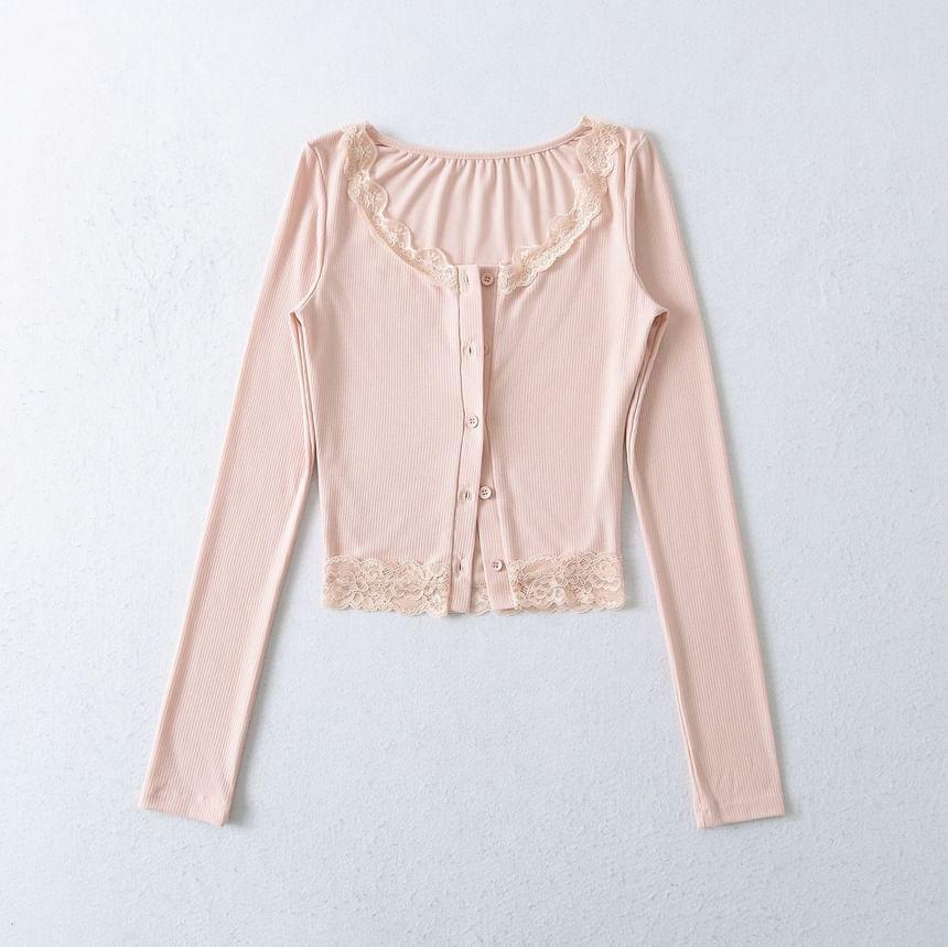 Set: Lace Trim Plain Crop Cami Top + Button-Up Cardigan Product Image