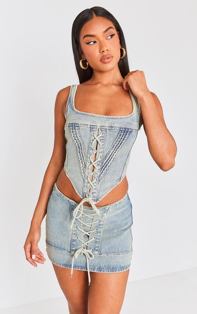 Vintage Mid Wash Lace Front Square Neckline Denim Top Product Image