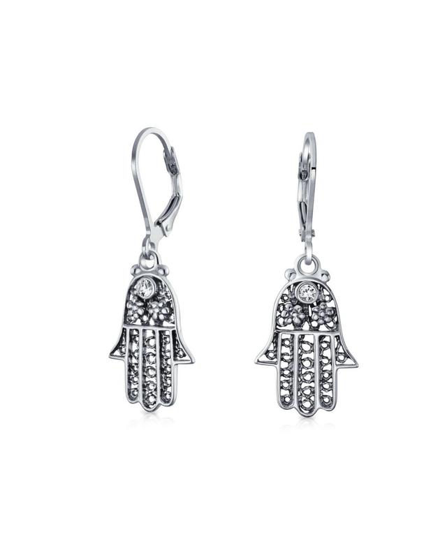 Bling Jewelry Amulet Talisman Hamsa Hand Of God Floral Filigree Dangle Earrings For Women Oxidized Sterling Silver Leverback Product Image