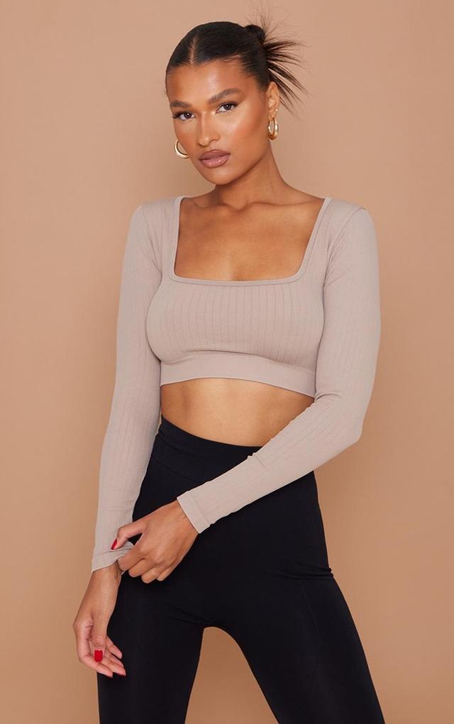 Stone Wide Snatched Rib Square Neck Long Sleeve Crop Top Product Image