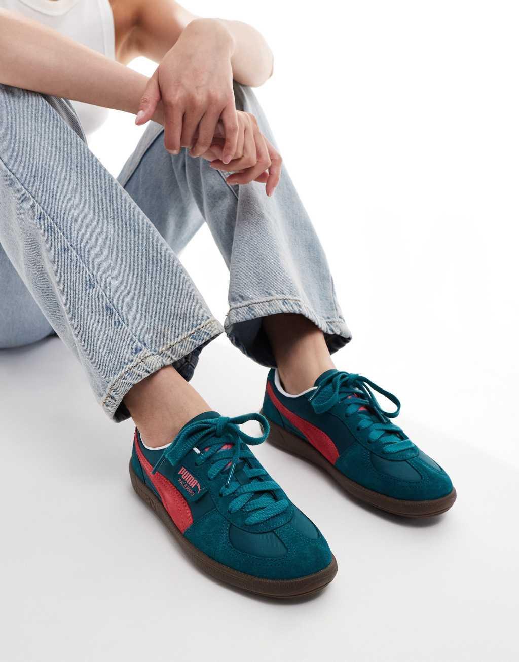 PUMA Palermo Play Paris sneakers with gum sole in green and pink Product Image