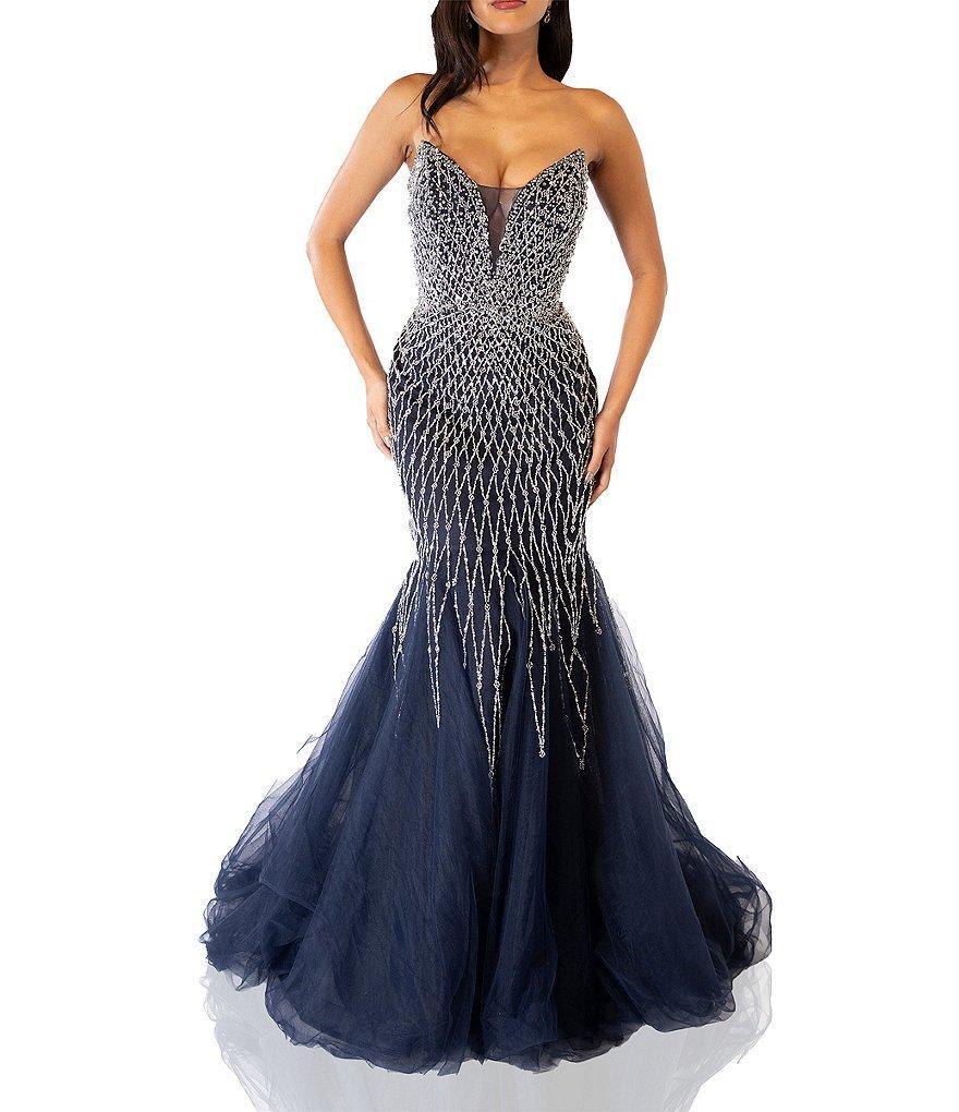 Terani Couture Beaded Strapless Sleeveless Mesh Deep V-Neck Mermaid Gown Product Image