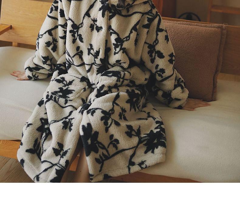 Patterned Hood Coral Fleece Button Robe Product Image