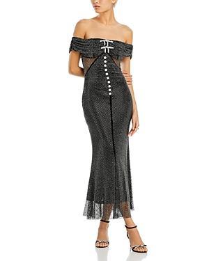 Womens Rhinestone-Embellished Off-the-Shoulder Maxi-Dress Product Image