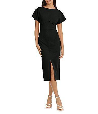 Donna Morgan Stretch Crew Jewel Neckline Short Sleeve V Back Midi Dress Product Image