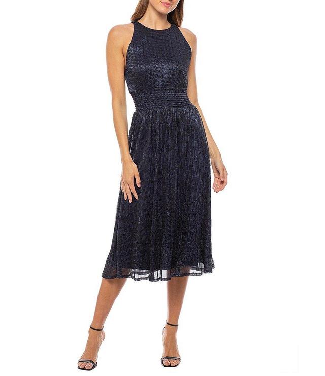 Marina Sleeveless Crew Neck Smocked Waist Metallic Midi Fit and Flare Dress Product Image