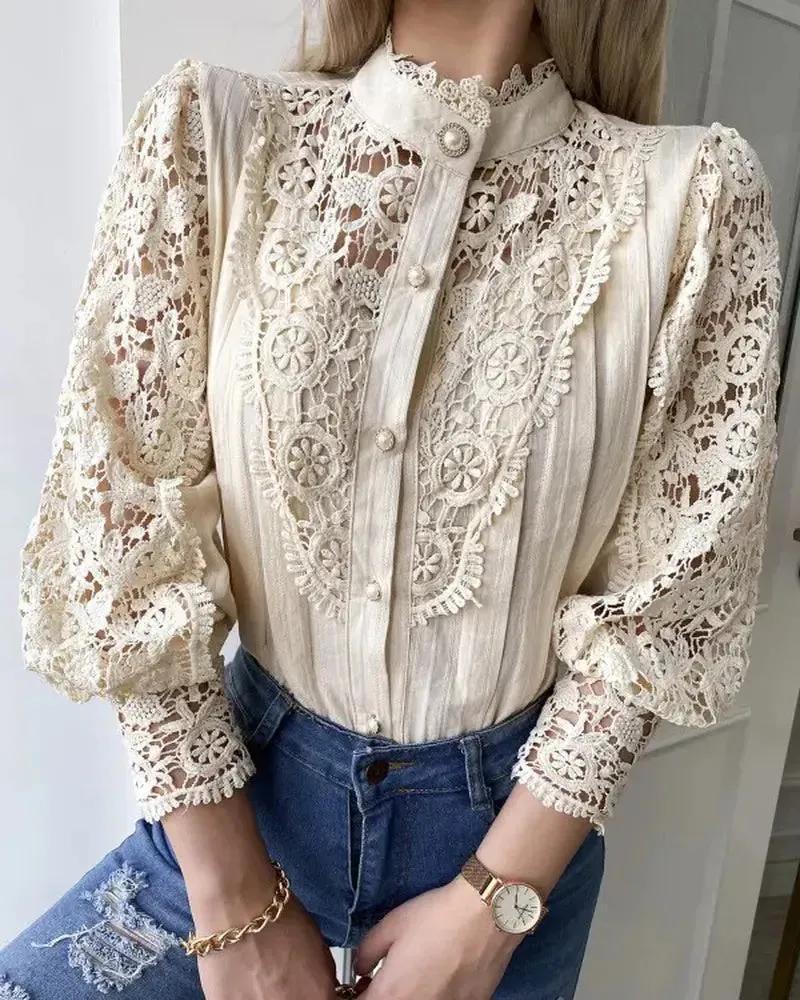 Olivia Mark – Guipure lace top with buttons and lantern sleeves product image