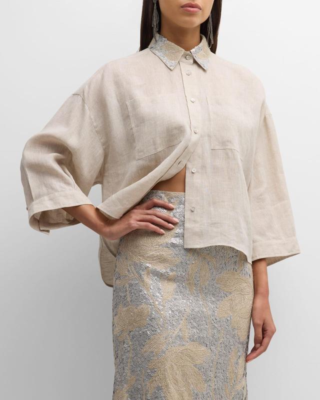 Magnolia Pailllette Embroidered-Collar Linen Relaxed Boxy Blouse Product Image