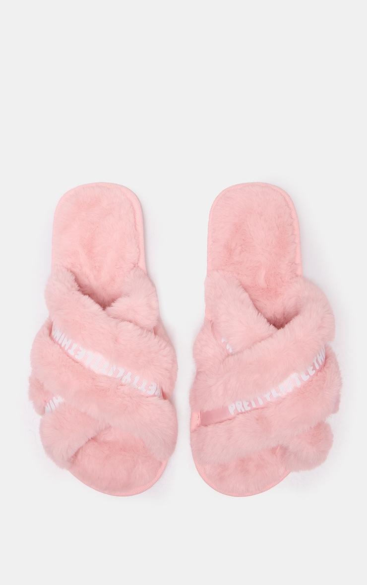 PRETTYLITTLETHING Pink Logo Tape Cross Over Slippers Product Image