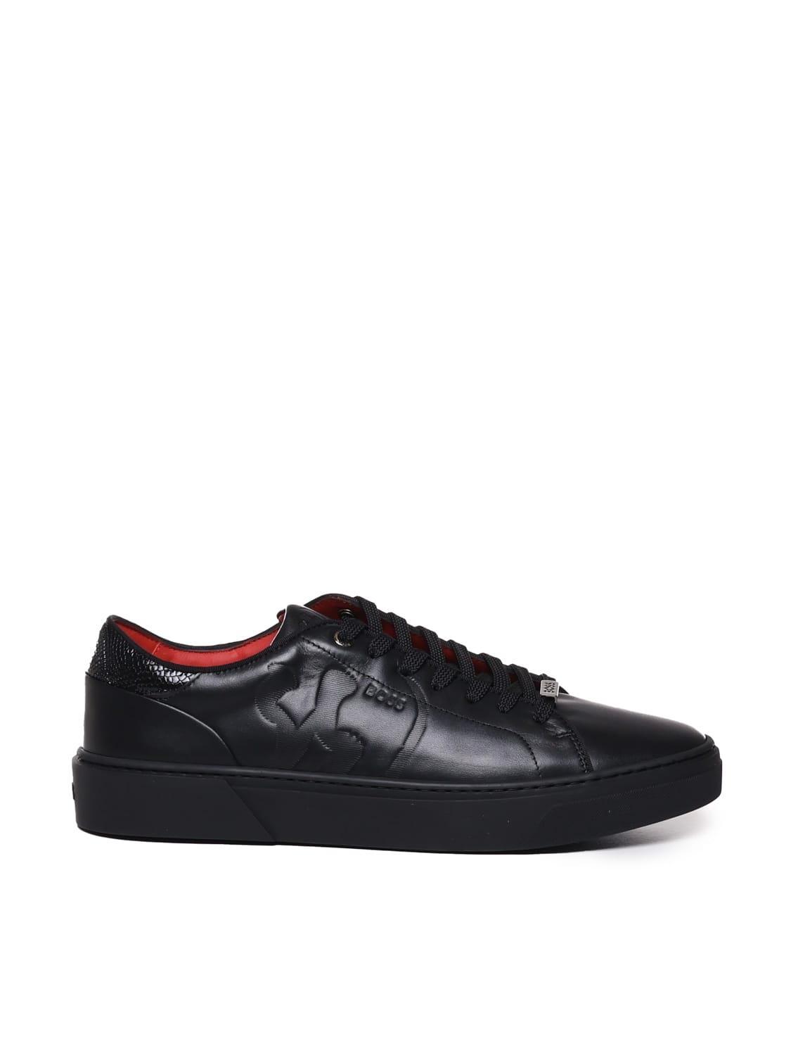 HUGO BOSS Leather Lace-up Sneakers Com Special Embossed Graphic In Black Product Image