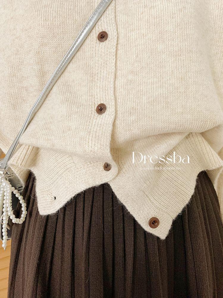 Set: Round Neck Plain Cardigan + Contrast Trim Scarf Product Image