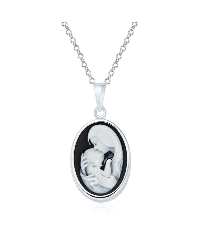 Bling Jewelry Classic Black Carved Oval Simple Framed Victorian Lady Portrait Mother and Child Cameo Pendant Necklace For Women Wife Sterling Si Product Image