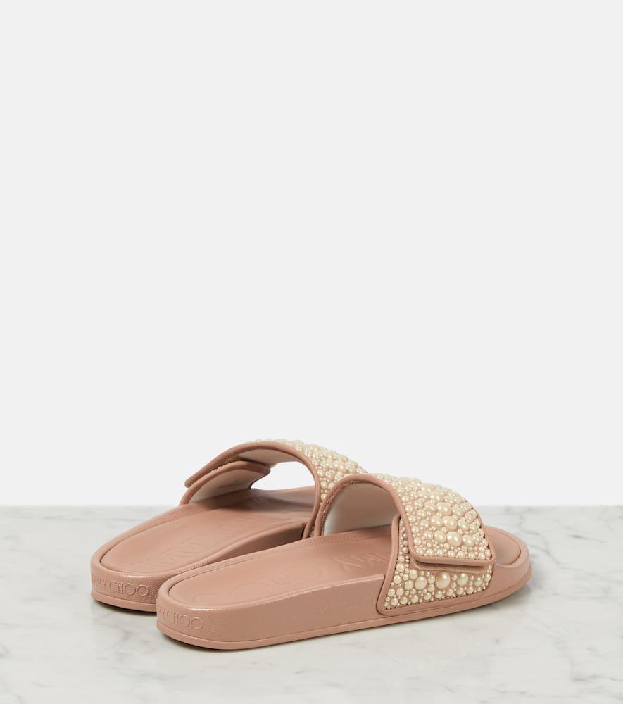 JIMMY CHOO Fitz Faux-pearl Embellished Canvas Slides In Pink Product Image