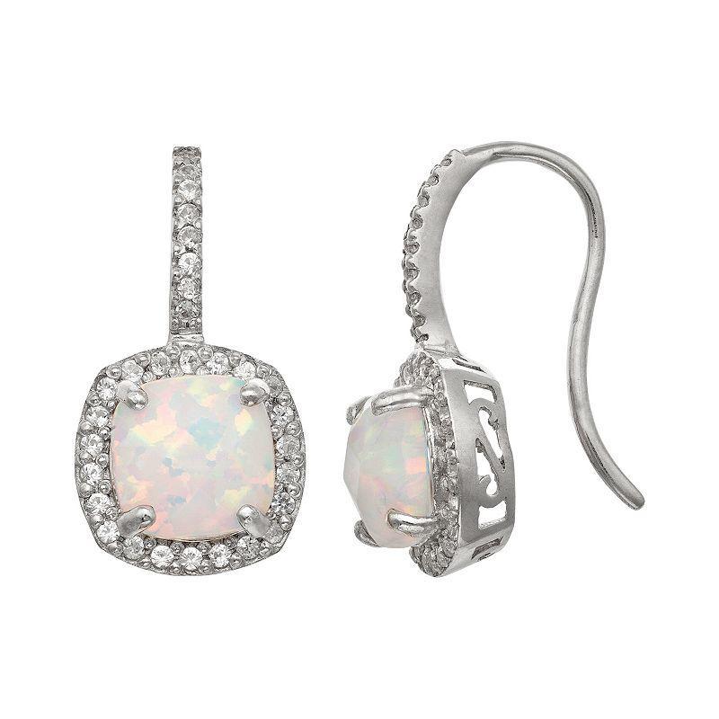 Sterling Silver Lab-Created Opal and Lab-Created White Sapphire Halo Drop Earrings, Womens Product Image