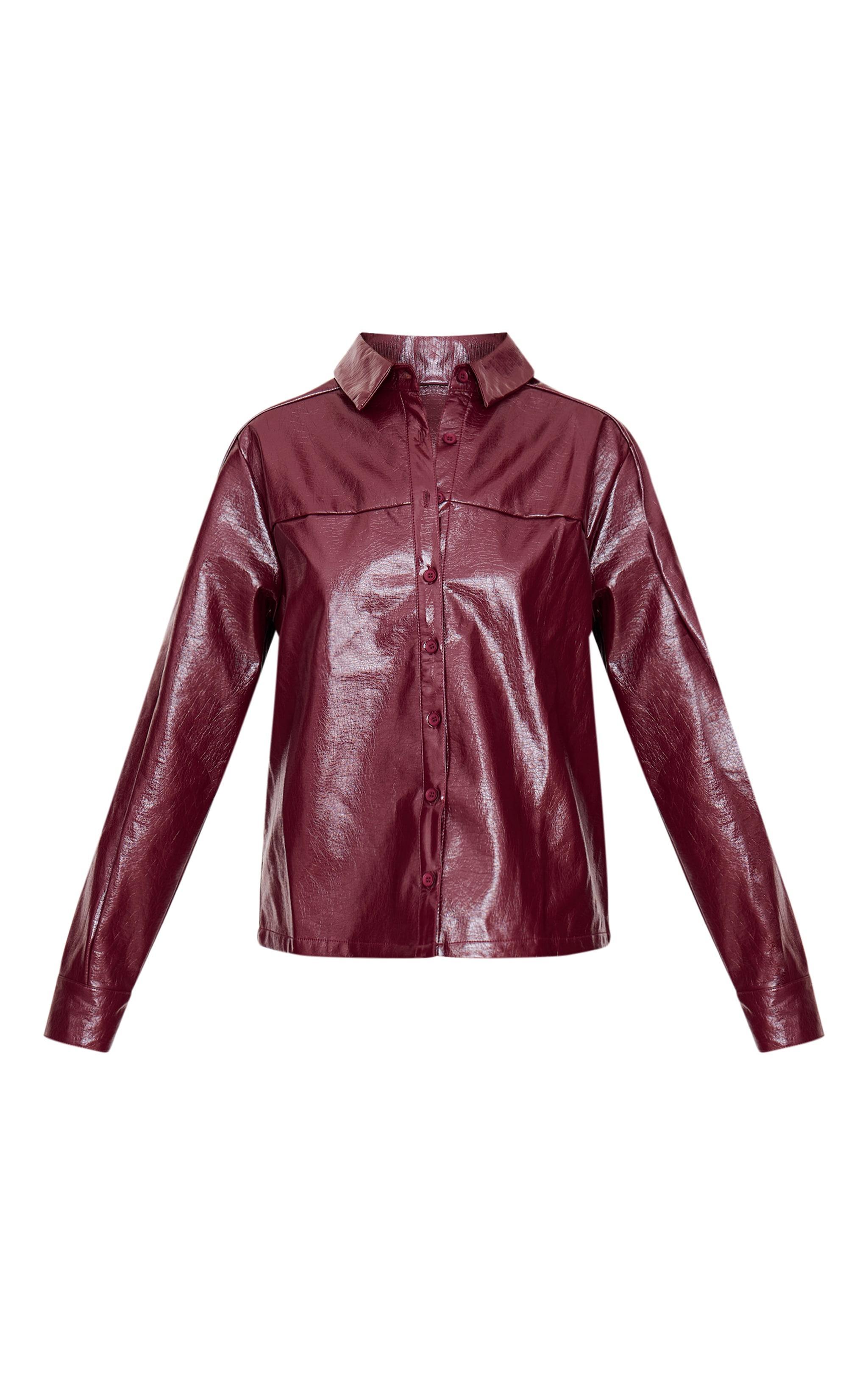 Burgundy Faux Leather Oversized Shirt Product Image