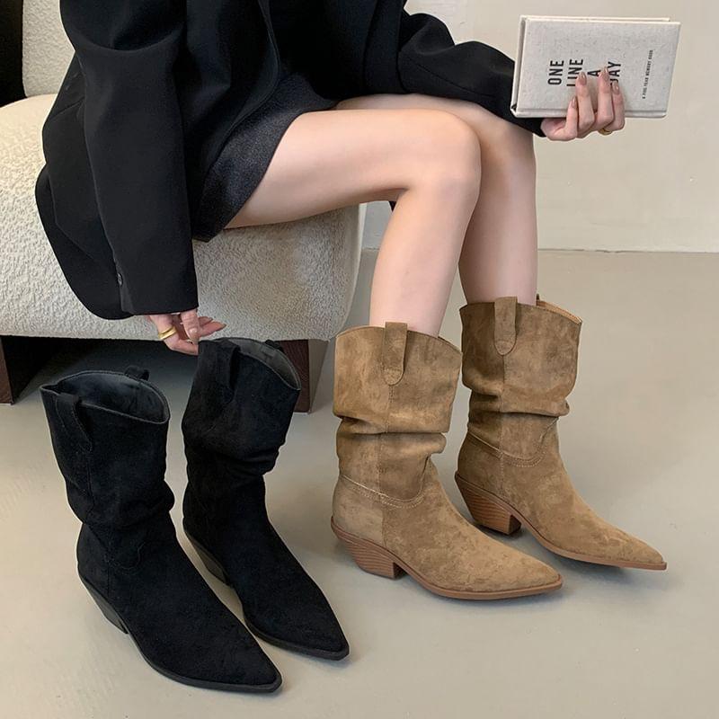 Chunky Heel Pointed Toe Plain Faux Suede Mid-Calf Boots Product Image