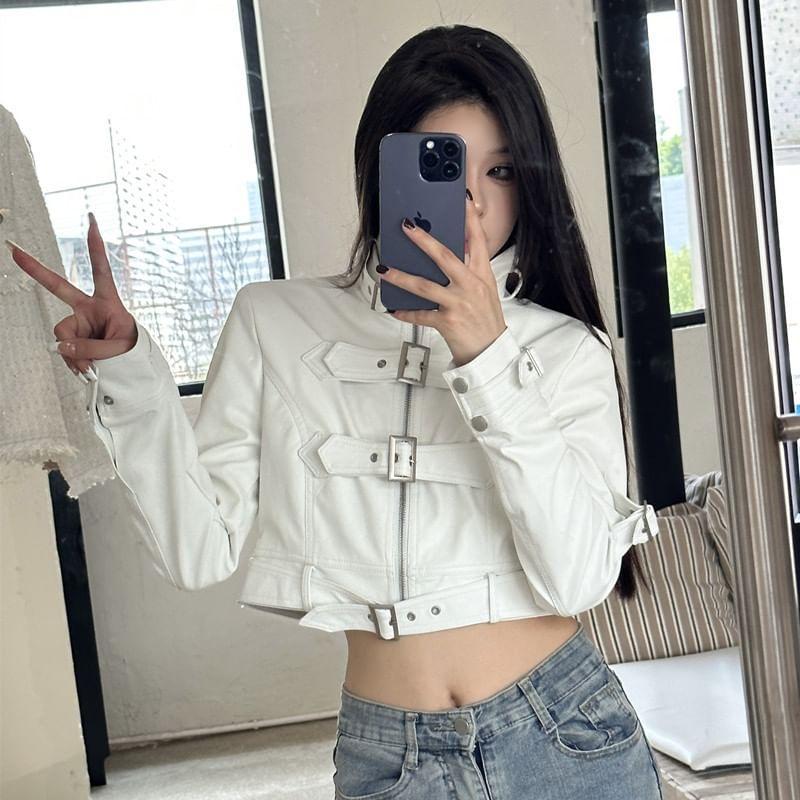 Stand Collar Plain Buckled Zip-Up Faux Leather Crop Jacket Product Image