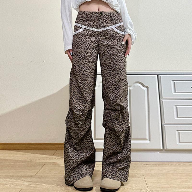 High Rise Leopard Wide Leg Pants Product Image