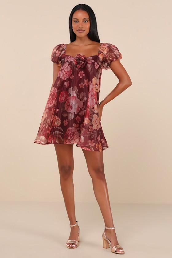 Cute Flair Wine Red Floral Organza Puff Sleeve Shift Mini Dress Product Image