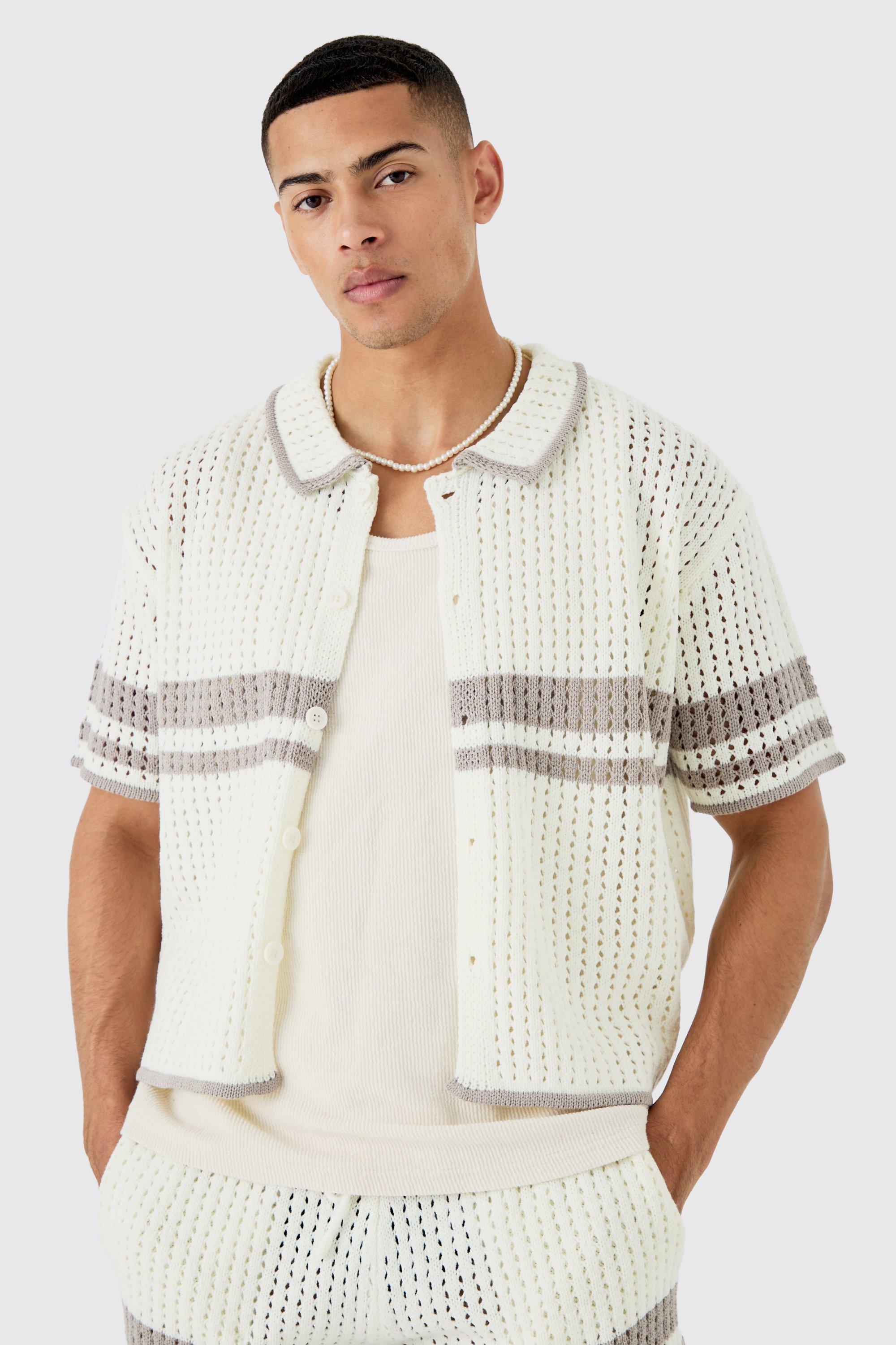 Boxy Oversized Open Stitch Statement Stripe Knit Shirt | boohooMAN USA Product Image