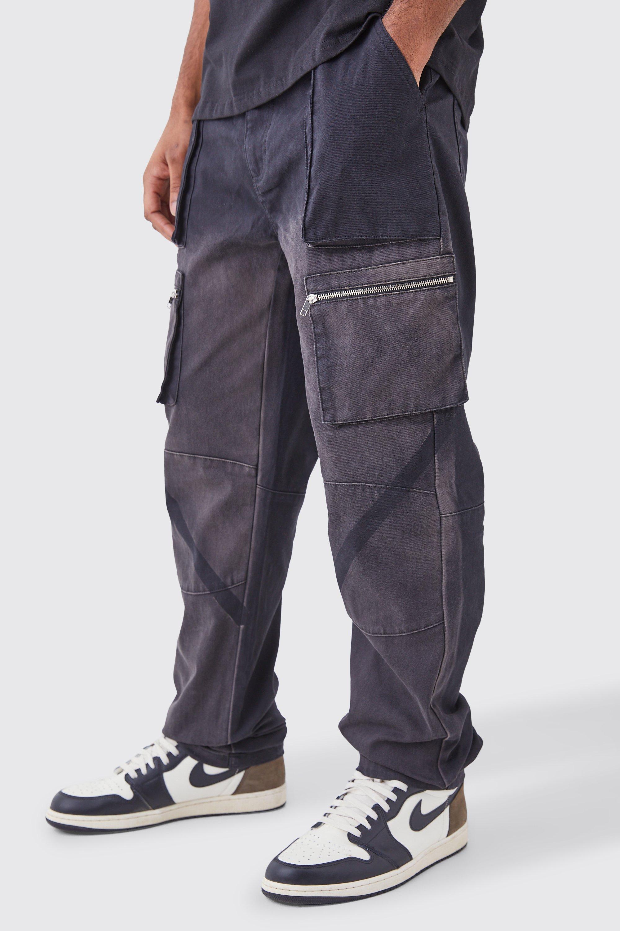 Mens Black Tall Fixed Waist Stacked Straight Leg Overdye Cargo Trouser, Black Product Image