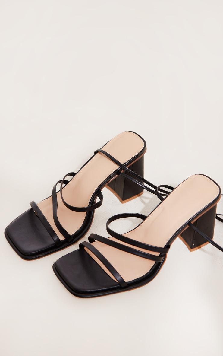 Black Wide Fit Faux Leather Square Triple Strap Ankle Tie Block Heeled Sandals Product Image