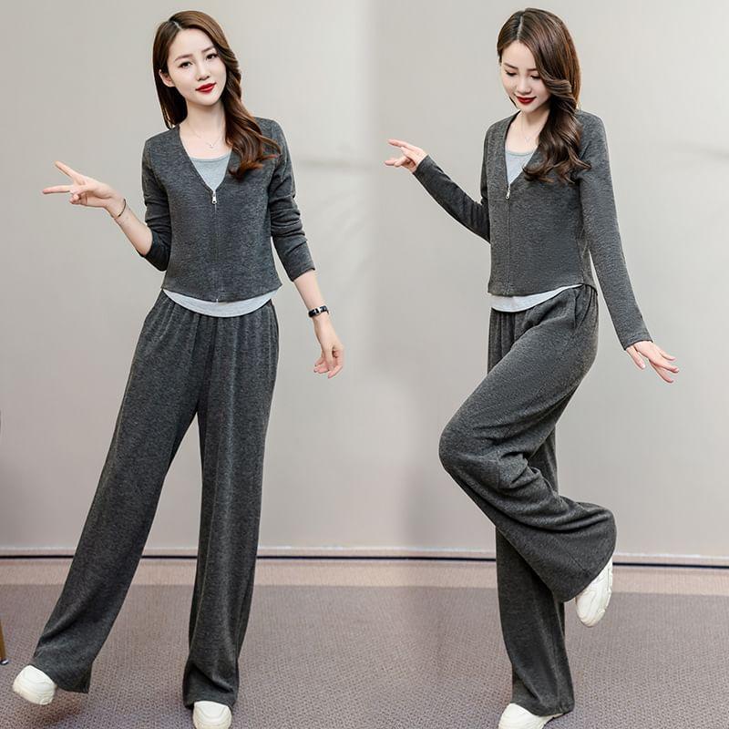 Set: Long-Sleeve Scoop Neck Mock Two-Piece Two Tone Zip-Up Top + High Waist Plain Wide Leg Pants Product Image