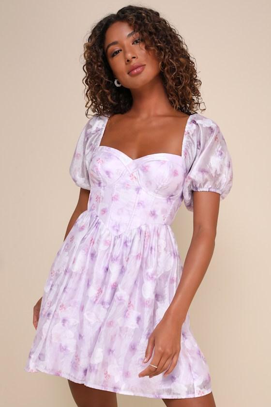 Darling Behavior Lavender Floral Burnout Puff Sleeve Mini Dress product image