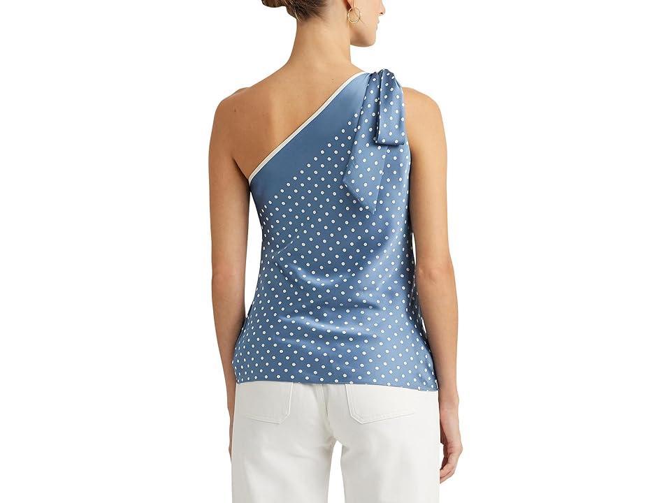 LAUREN Ralph Lauren Polka-Dot Charmeuse One-Shoulder Blouse Cream) Women's Clothing Product Image