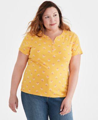 Plus Size Printed Short-Sleeve Henley Top, Created for Macy's Product Image