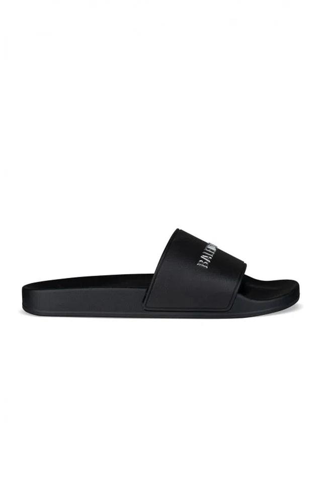 BALENCIAGA Logo-embossed Pool Slides In Black White Product Image