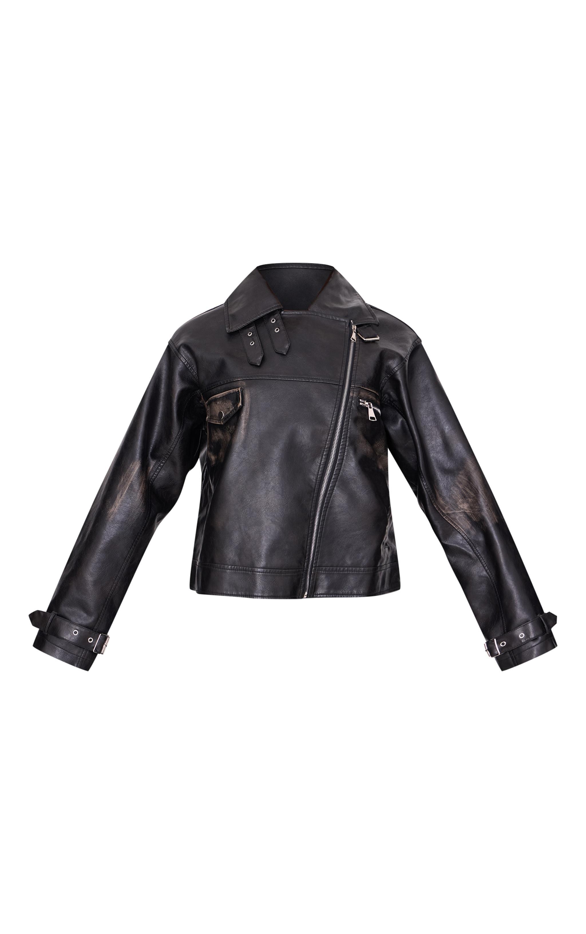 Black Worn Faux Leather Oversized Biker Jacket Product Image