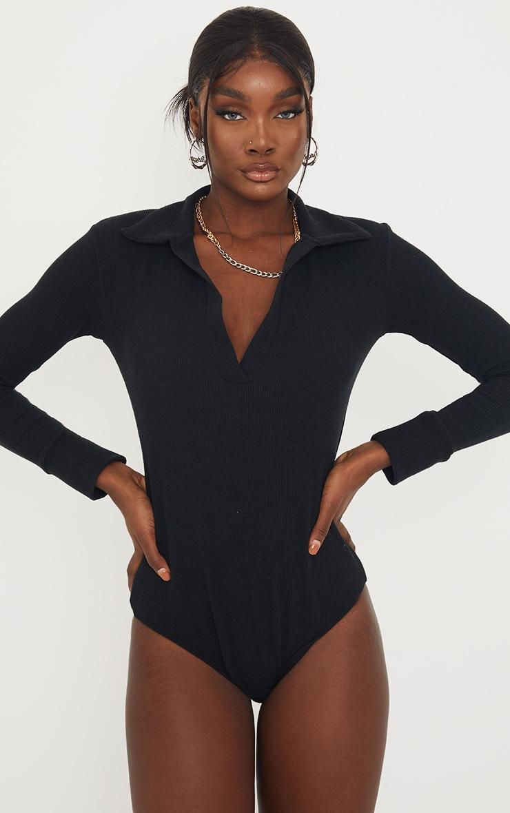 Tall Black Waffle Rib Long Sleeve Polo Bodysuit Product Image