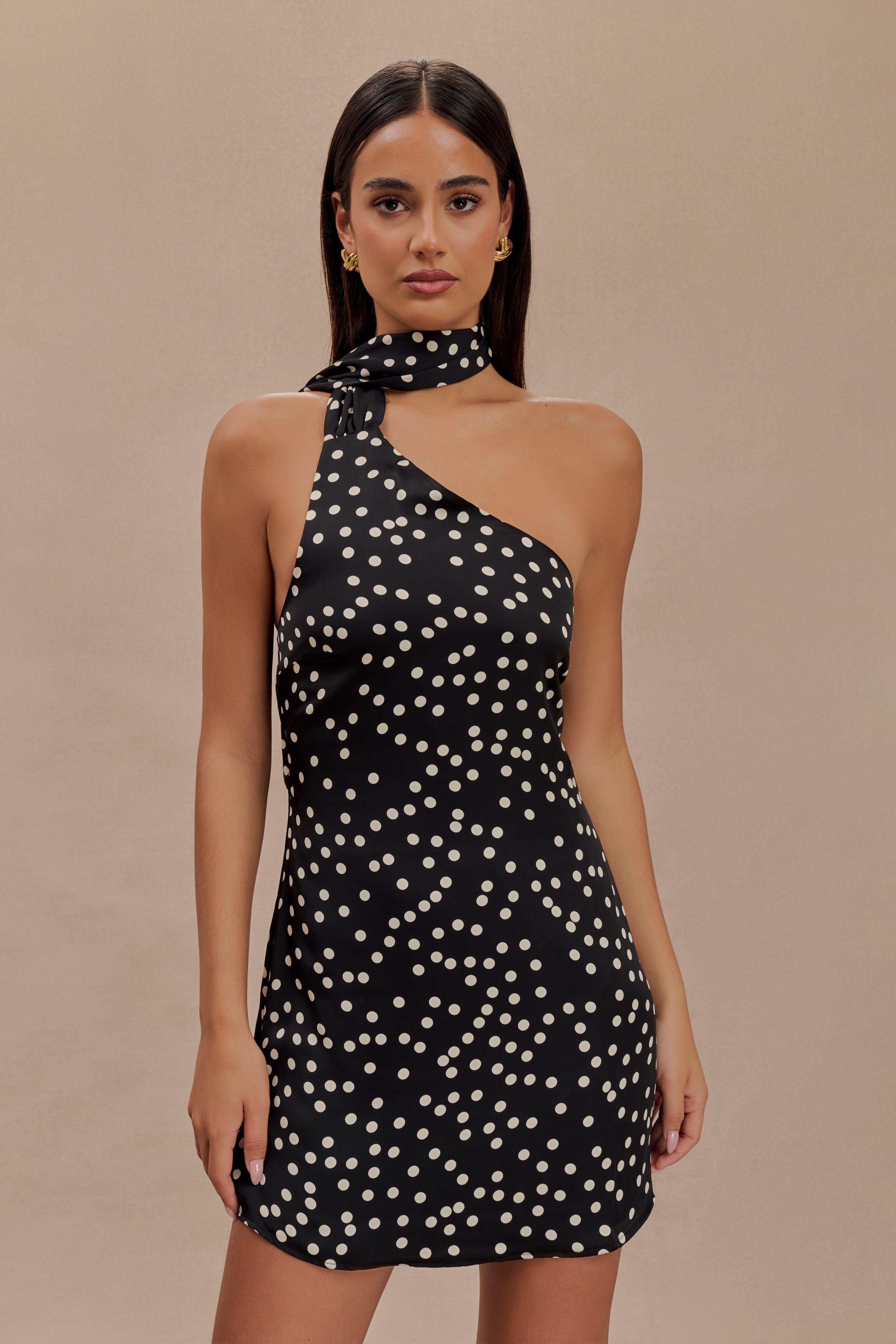 Joan Satin Asymmetrical Mini Dress - Black Polka Dot Print Product Image