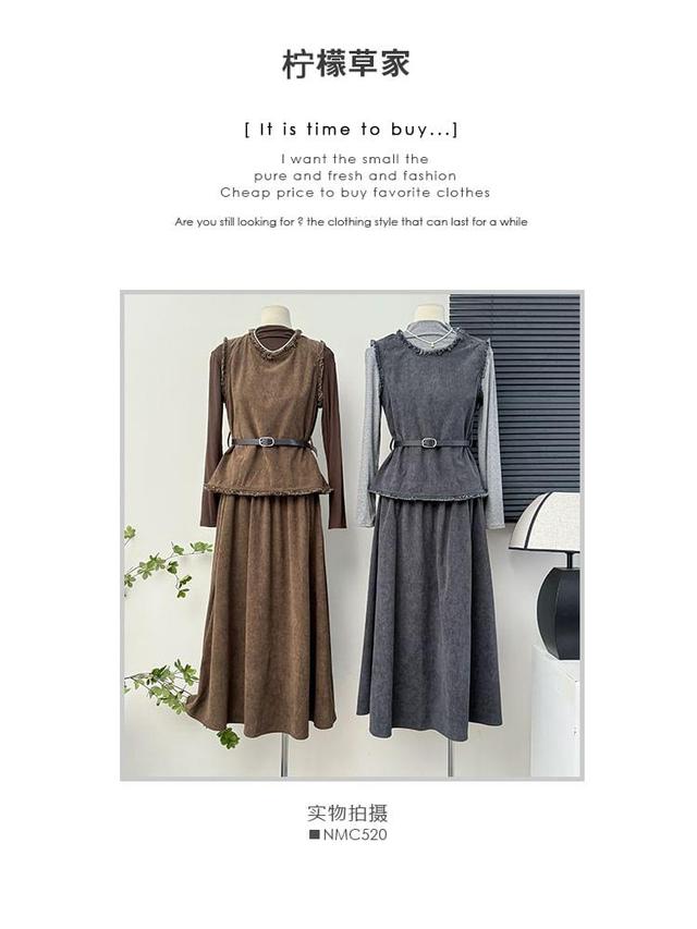 Set: Mock-Neck Tee + Frayed Vest + A-Line Skirt + Belt Product Image