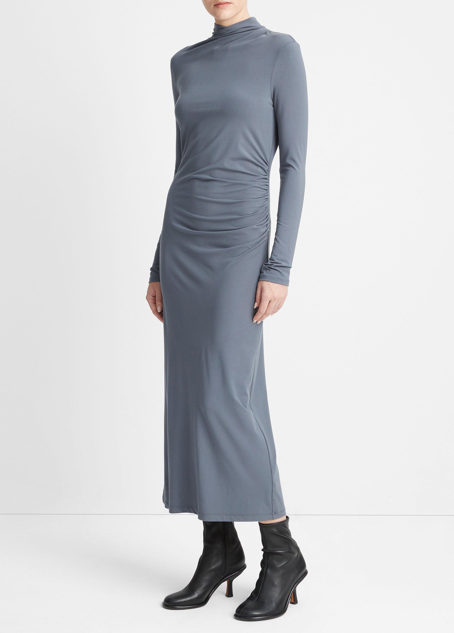 Ruched Long-Sleeve Turtleneck Dress Product Image