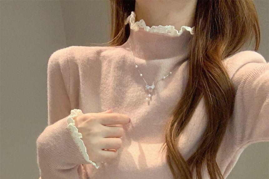 Long-Sleeve Mock Neck Lace Trim Knit Top Product Image