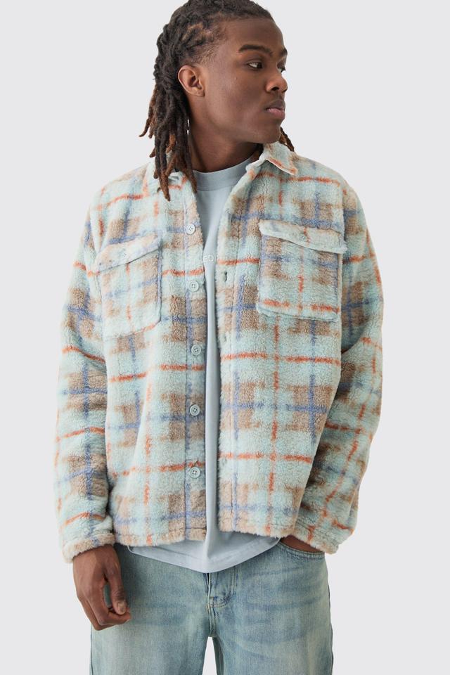 Borg Patch Pocket Tonal Check Overshirt | boohooMAN USA Product Image