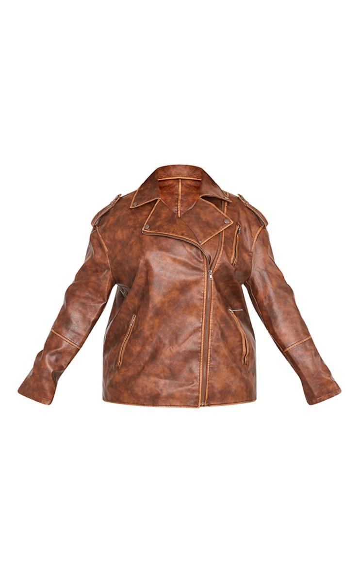 Plus Brown Distressed Faux Leather Biker Jacket Product Image