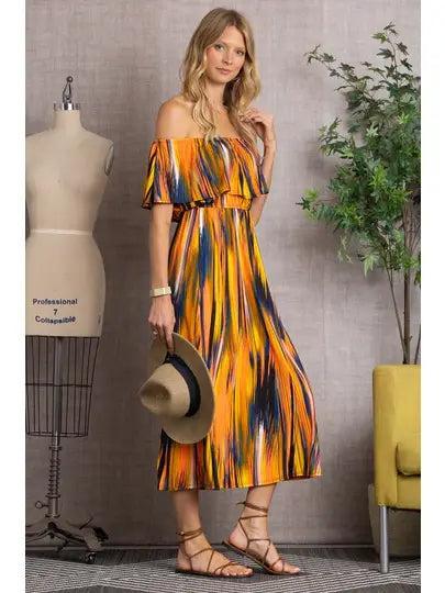 Orange Watercolor Stripe Off the Shoulder Dress Female Product Image