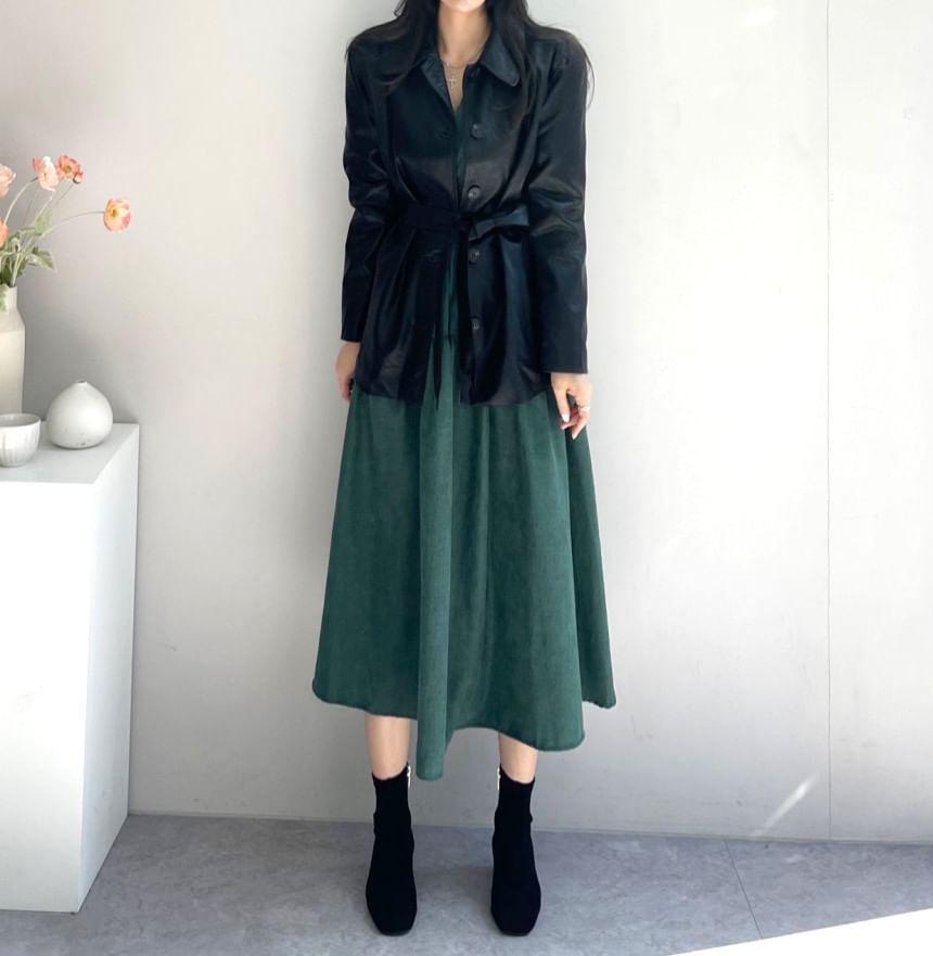 Long Sleeve V-Neck Plain Pintuck Panel Midi A-Line Dress Product Image