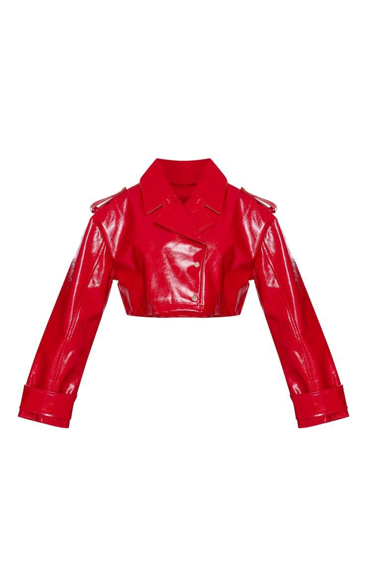 Bright Red Patent Faux Leather Cropped Trench Product Image