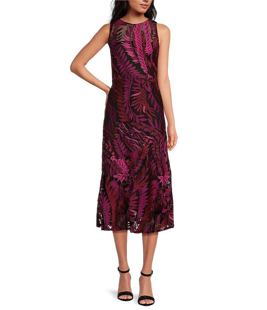 Sam Edelman Leaf Print Illusion Round Neck Sleeveless Ruffle Hem Midi Dress Product Image