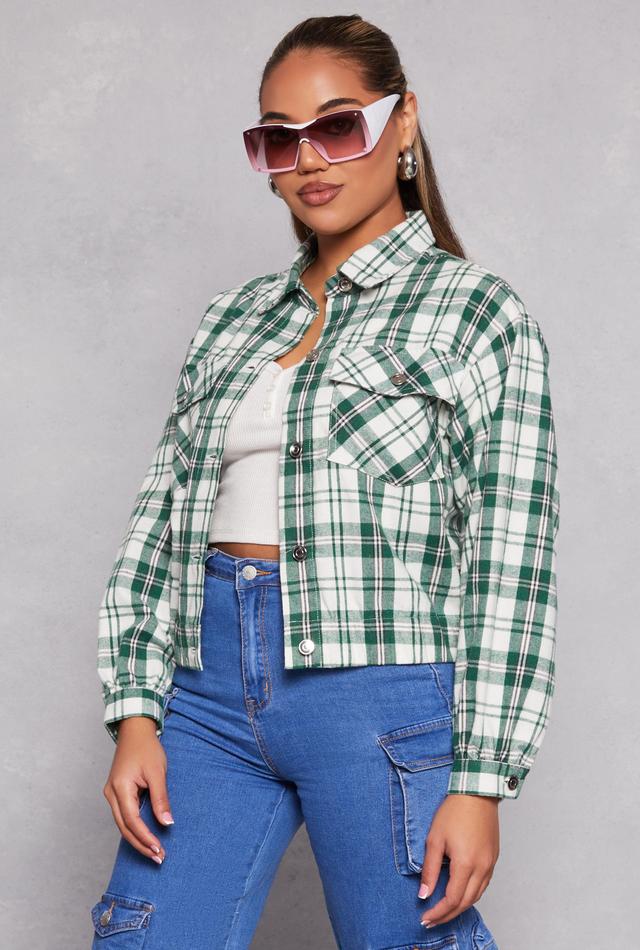 Womens Brushed Knit Plaid Cropped Shacket Product Image